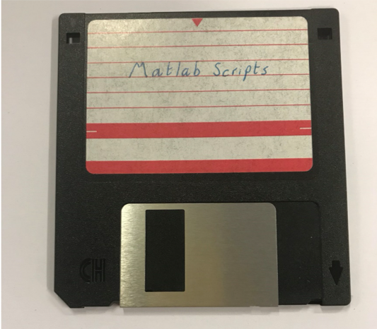 Photograph of a floppy disk labelled 'matlab files'.