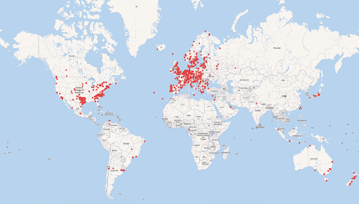 A map of the world showing a visualisation of open access to GLAM collections