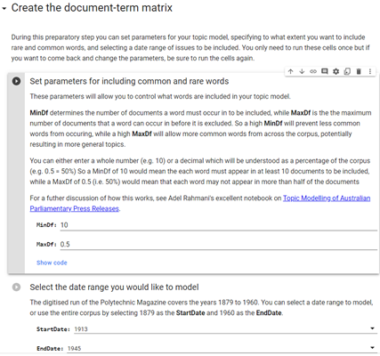 A screenshot of one of the public Jupyter notebooks on Colab, showing options for users to set parameters determining how common and rare words are included in the model and to set a date range.