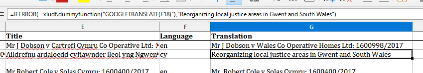 Image of Google Translate formula, translating welsh to English. From Google Sheets which has been exported into an Excel file