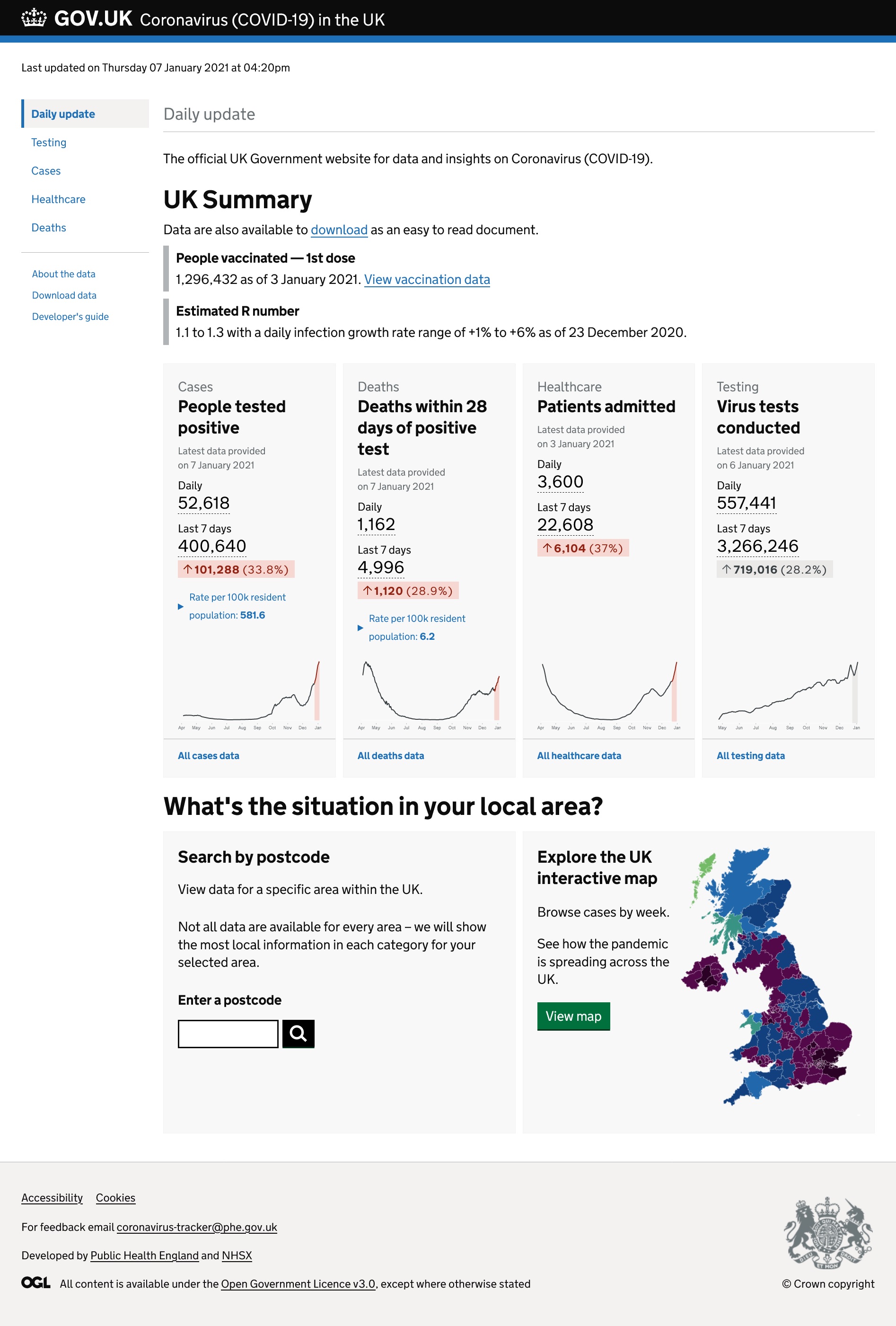 Archived version of the Coronavirus Dashboard captured on 8 January 2021 showing the data for 7 January 2021 - the first day that vaccination data was included