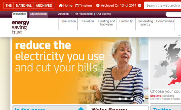 Screenshot of a web archive capture of the Energy Saving Trust’s website captured in 2014, showing a detail of the site’s homepage with the slogan ‘reduce the electricity you use and cut your bills’