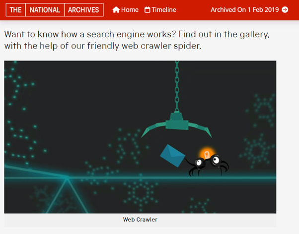 screenshot of a web archive capture from a Science Museum blog, captured in 2019, showing a cartoon depiction of spider (representing a web crawler) navigating the web