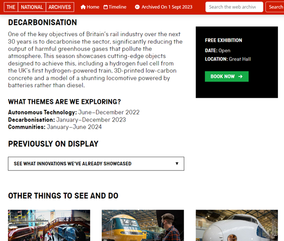 Screenshot of a web archive capture from the National Railway Museum from 2023, giving details of their Decarbonisation season, the text describes an exhibition of objects such as a hydrogen-powered train, which represent the rail industry’s efforts at decarbonisation