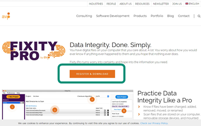 An image of the Fixity Pro webpage, showing the "register and download" buttion