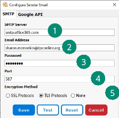 An image showing the interface for setting up an SMTP email connection within Fixity Pro