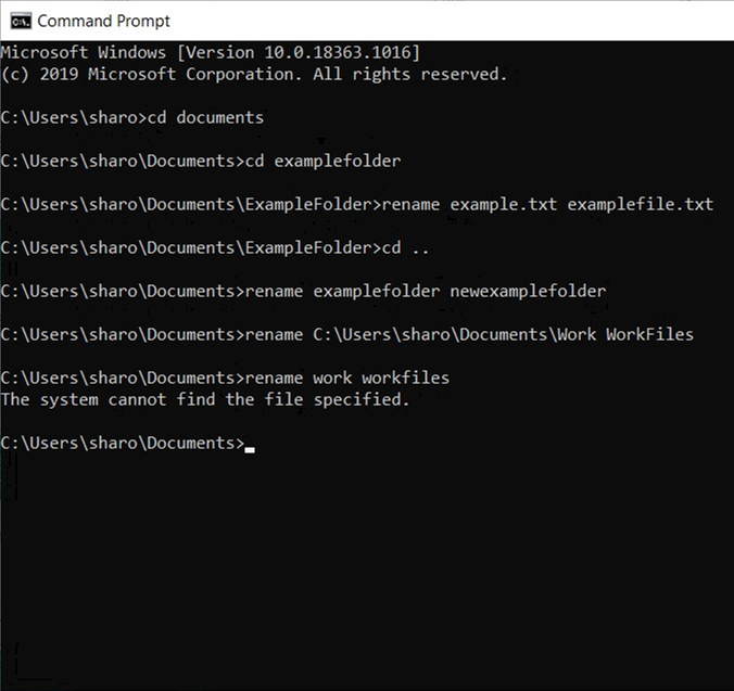 Examples of using the rename command in the Command Prompt
