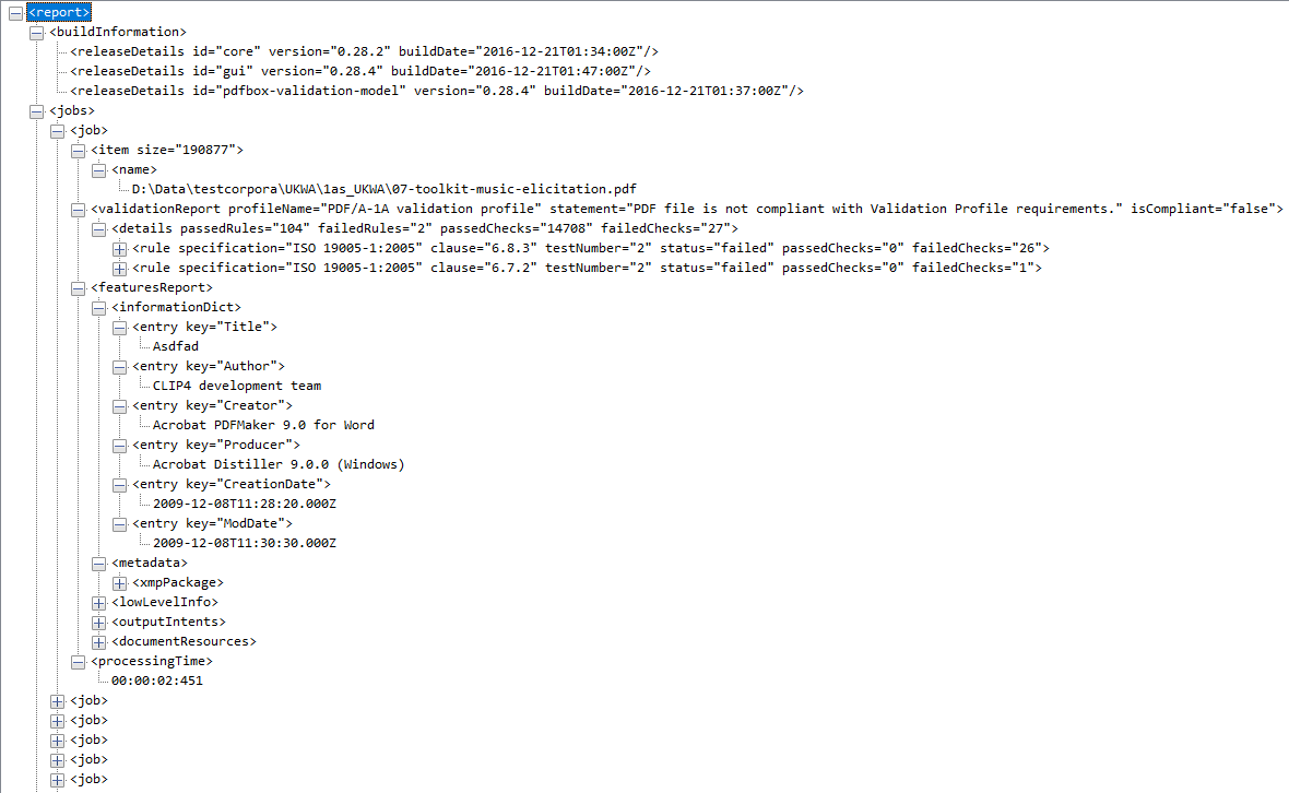 XML output from veraPDF, showing the results for one particular PDF/A
